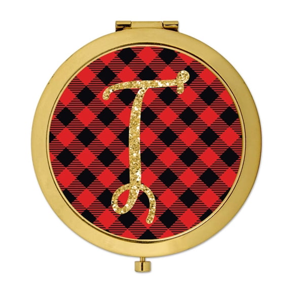 Koyal Wholesale Gold Compact Mirror Bridesmaid's Wedding Gift, Buffalo Red Plaid | Gold Glitter, Monogram Letter T, 1-Pk