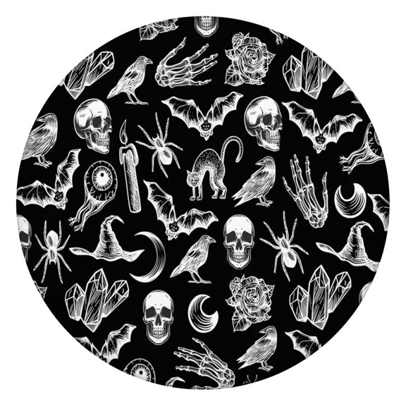Black Gothic Skull Bat Pattern Round Fitted Tablecloth with Elastic Edge,Dining Table Cover Waterproof,Outdoor Round Tablecloth for Camping,Dining,Indoor and Outdoor