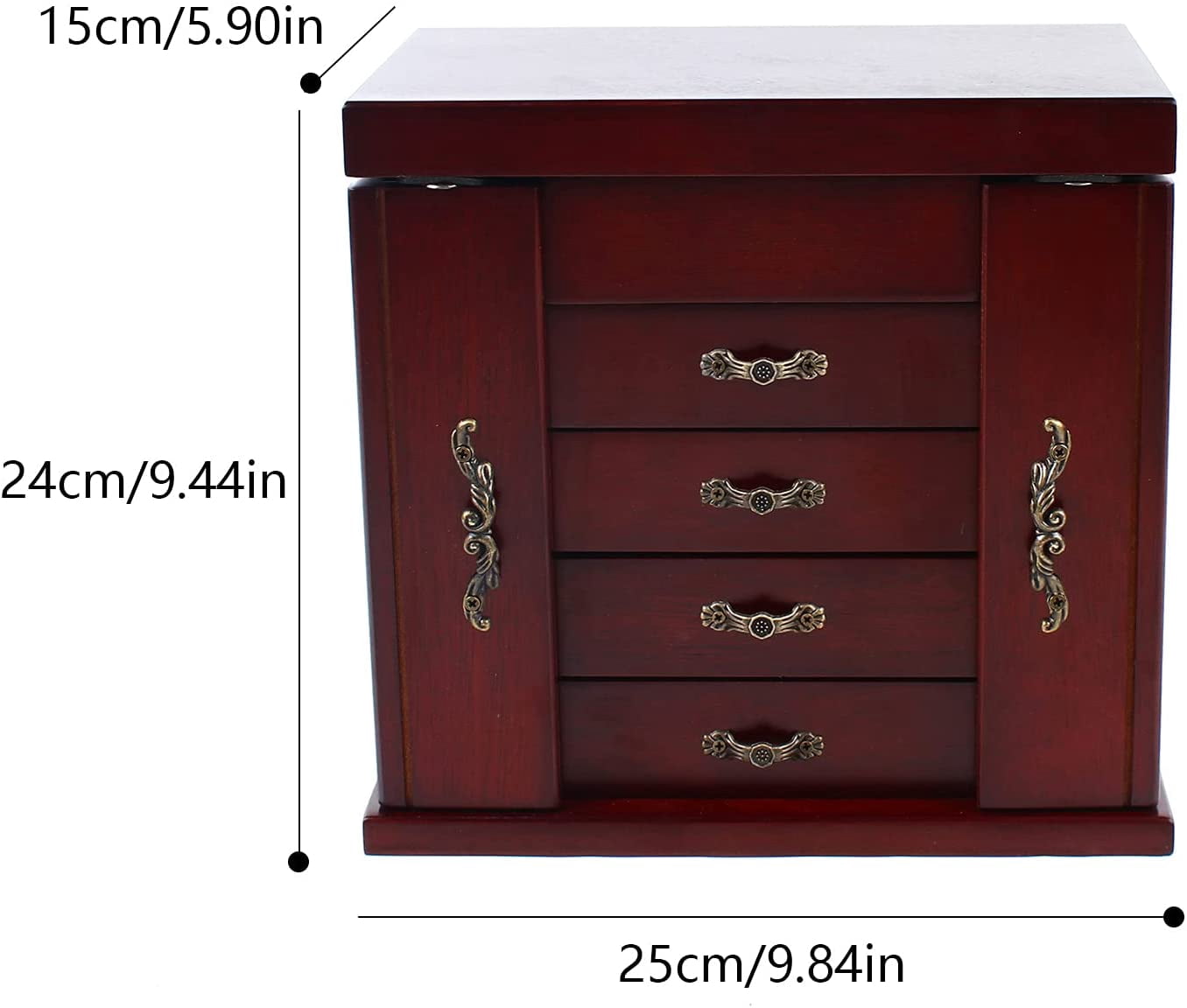 Large Wooden Jewelry Box with Built-in Mirror, 5 Drawers Jewelry Case with Side Organizer, Watches Necklace Ring Storage Box for Women