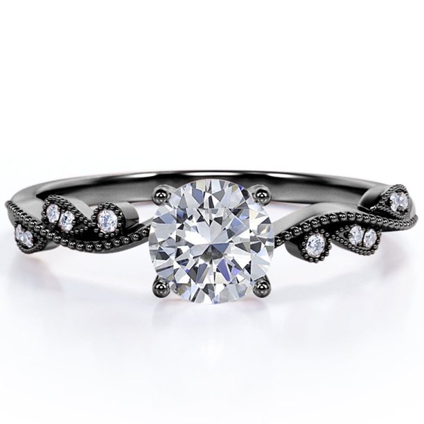 JeenMata Anillo de Compromiso con Banda Curva, Bisel Decorativo Milgrain, Moissanita Redonda de 1,10 Quilates, Baño de Oro Negro de 18 K sobre Plata