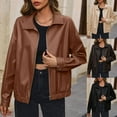 thumbnail image 1 of Women's Blazer Solid Long Sleeve Zipper Turn Down Neck Pu Leather Suit Jacket Coffee M, 1 of 7