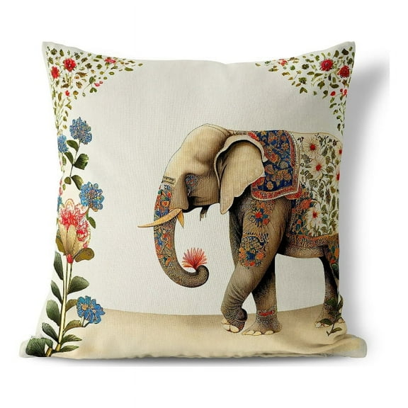 Elephant's Floral Fantasy Indoor Outdoor Fabric Pillow in Beige 16x16 with zip