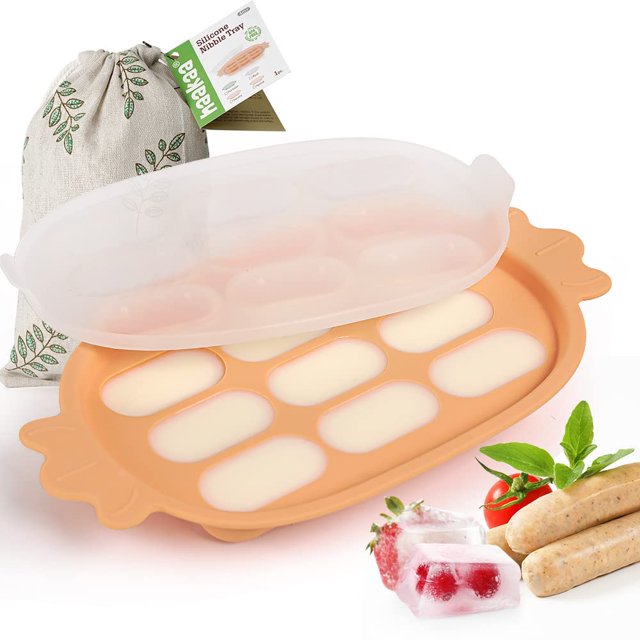 Bandeja de silicona para congelador de alimentos para bebés con forma de caramelo, bandeja para congelador de leche materna con tapa, molde para salchichas para bebés, recipiente de almacenamiento de alimentos casero para bebés, con tapa, 9 compartimentos, naranja ER