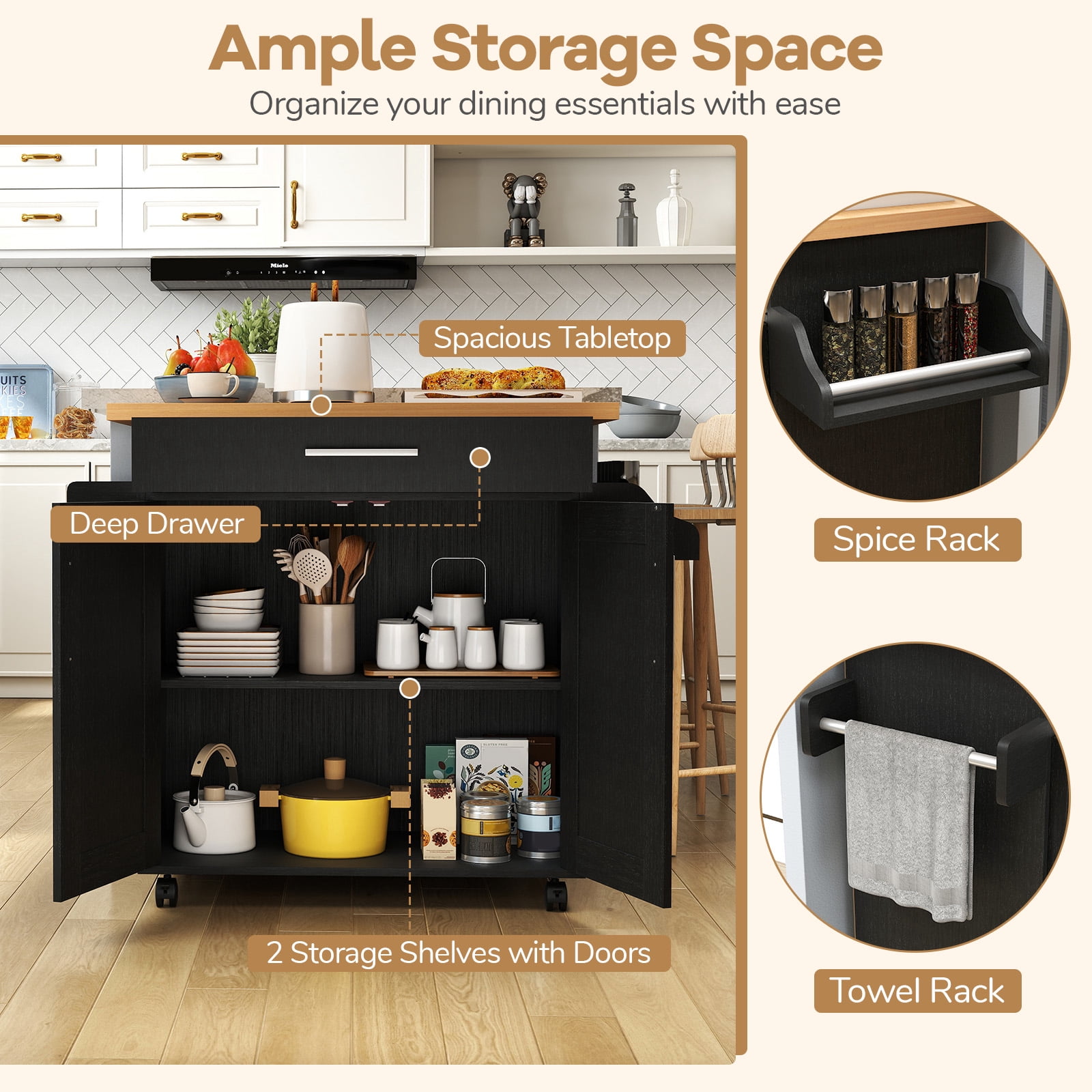 Giantex Kitchen Island Cart with Storage Cabinet on Wheels, Spice Rack Towel Rack & Drawer, Black