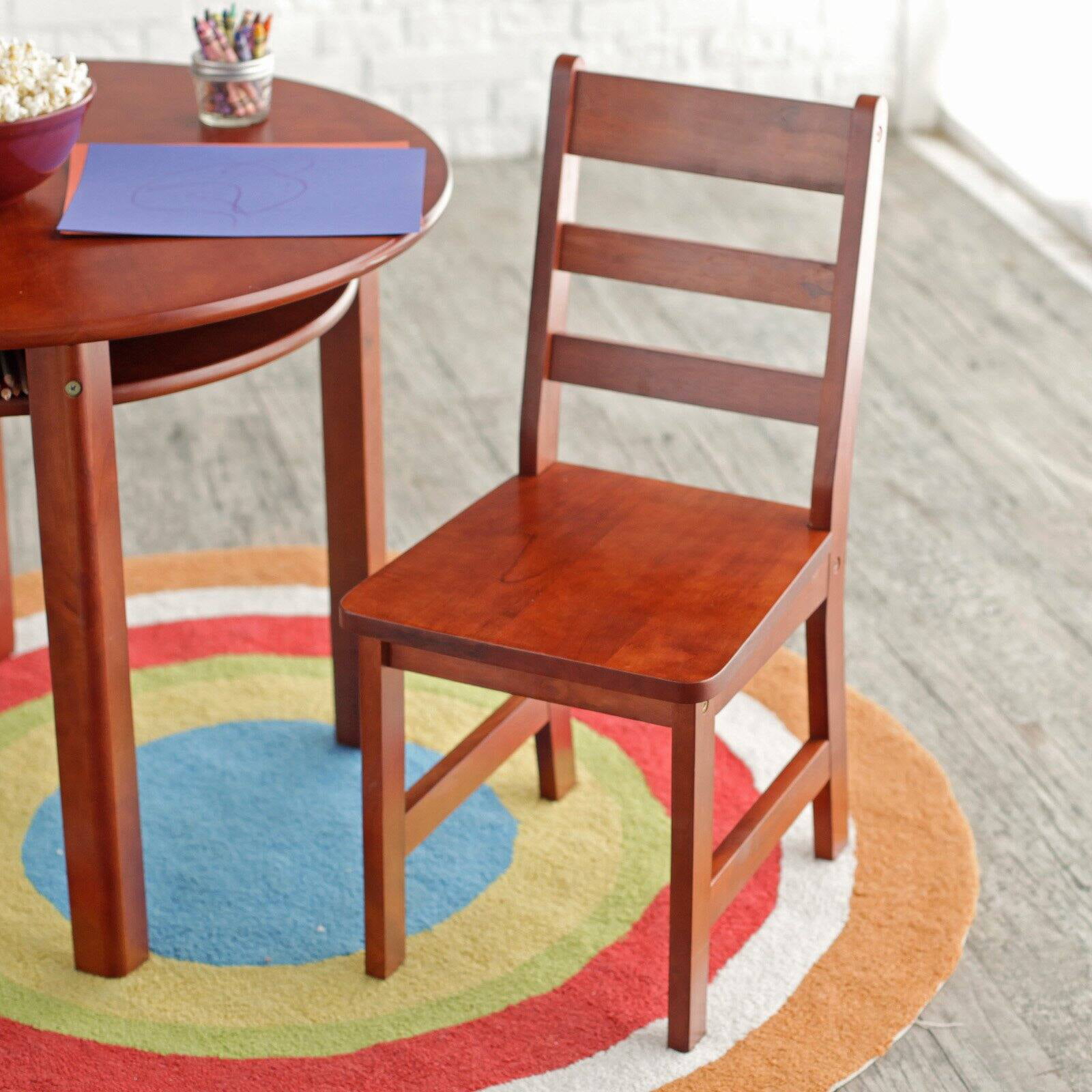 Lipper International Childs Round Table with Shelf and 2 Chairs Cherry Finish 