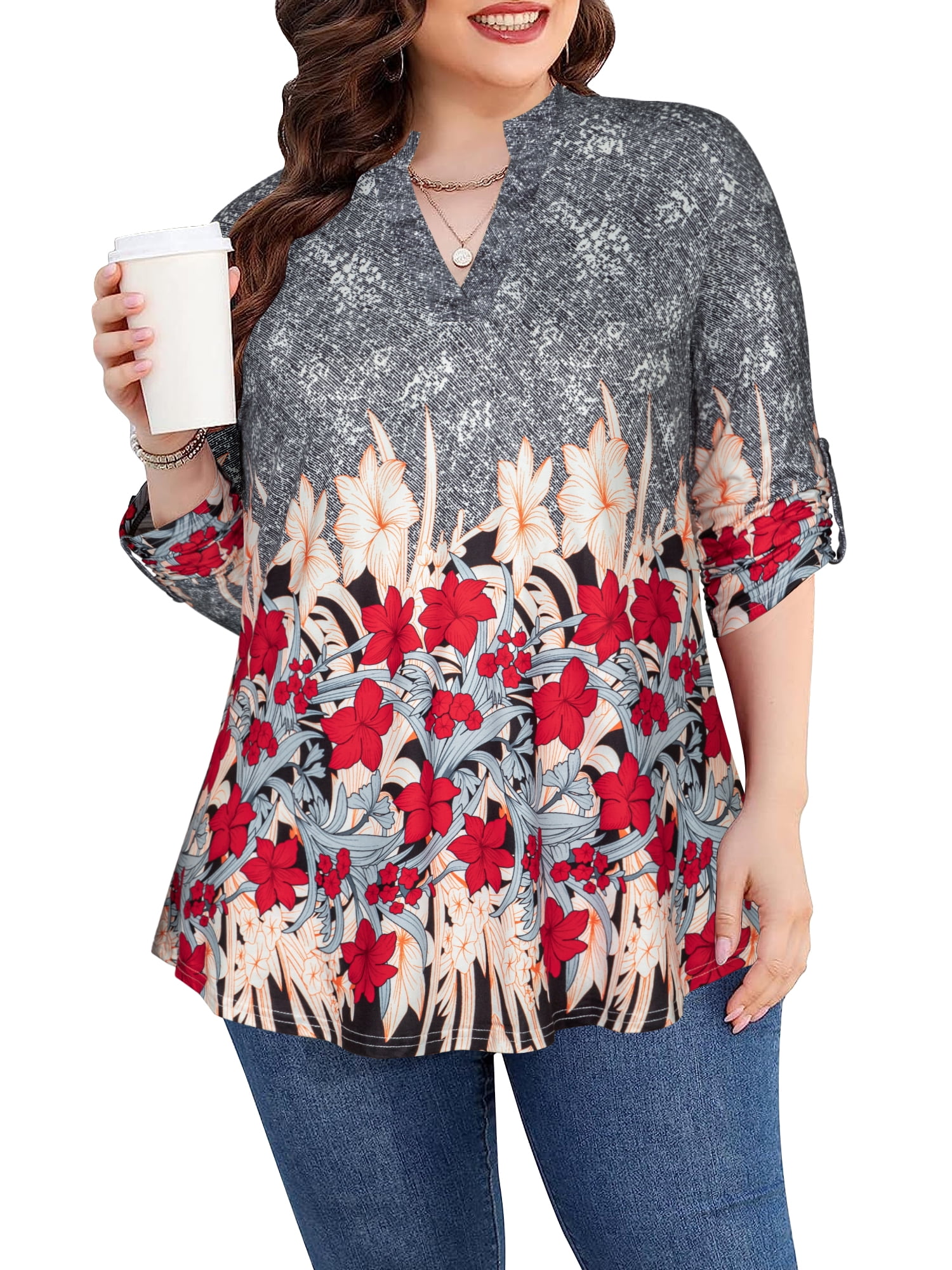 Women's Plus Size Long Sleeve Tunic Top - V Neck Floral Blouse, XL-5X, Soft Polyester Spandex Blend