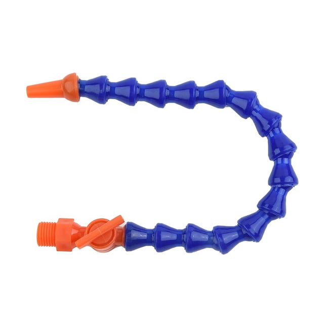 30cm plastic flexible water oil coolant pipe hose with an adjustable round nozzle. The pipe is blue with an orange nozzle and threaded connector, designed for use with lathe, milling, CNC machines, hydraulic machinery, and water cooling systems. It features a non-conductive, high-temperature-resistant design and supports interchangeable nozzle shapes and adjustable length.