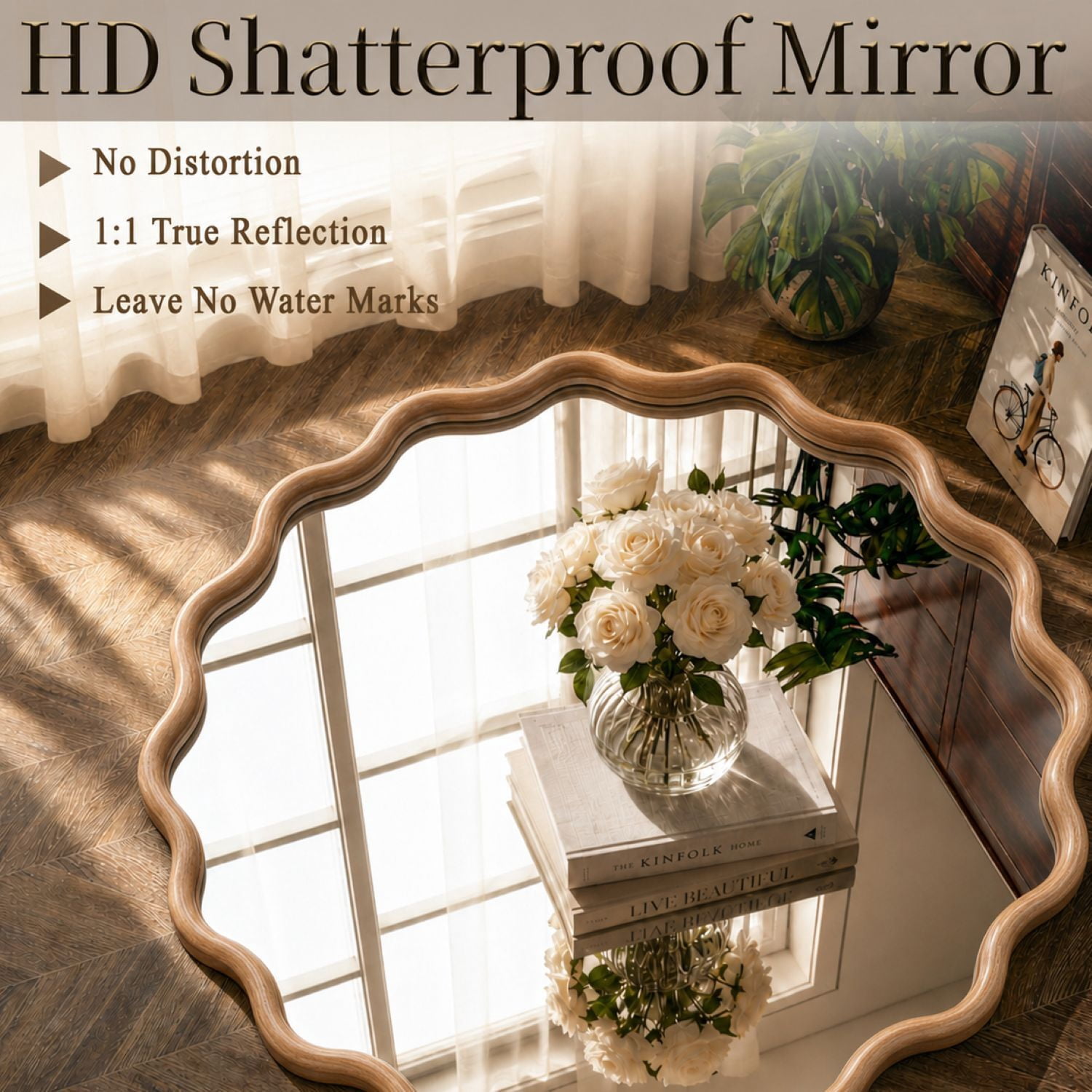 Easy4Home 30" x 30" Wavy Round Bathroom Mirror Wall Decor with Wooden Frame, Natural Wood