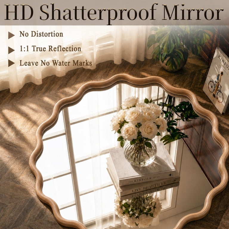Beautypeak 30 Inch Wavy Round Wall Mirror with Wood Frame photo 6