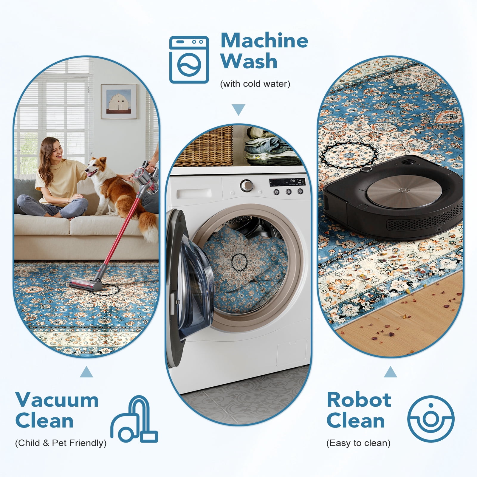 Wonnitar Boho Tribal 4'x6' Area Rug for Living Room, Washable Rug for Bedroom Vintage Oriental Accent Rug for Dinning Room Office Non Ship Low Pile Stain Resistant, Light Blue