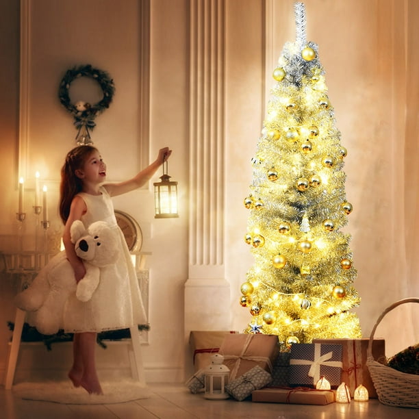 Costway 6FT Silver Tinsel Tree Unlit Slim Pencil Christmas Tree w