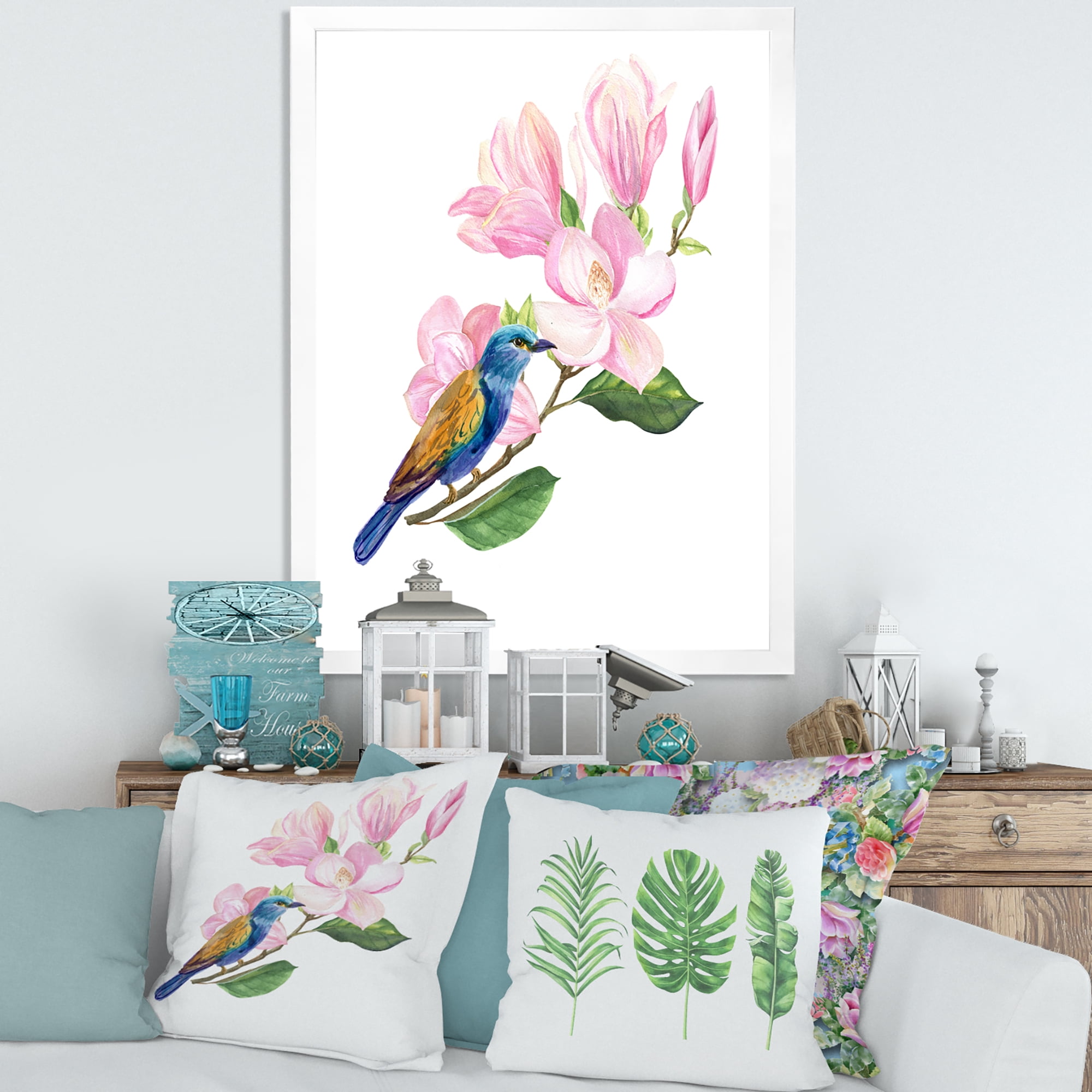 Designart 'Blue Bird Sitting On A Pink Magnolia' Traditional Framed Art Print
