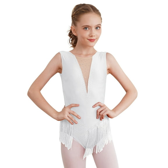 Alvivi Kids Girls Tassel Latin Dance Dress Rhinestone Gymnastic Leotard Skating Competition Costume Dancewear White 8