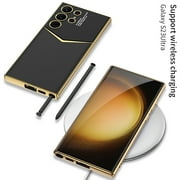 for Samsung Galaxy S23 Ultra Plain Electroplated Case, with S Pen Slot Holder Premium PU Leather Shockproof Lens Protection Cover, Compatible with MagSafe Wireless Charginig Case,Black