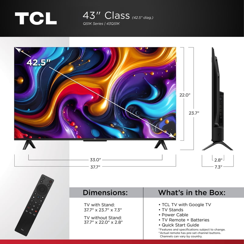TCL 43" Q Series QLED 4K UHD HDR Smart Google TV (NEW 2025) - Dolby Vision, Dolby Atmos, Motion Rate 240, HDR 10+, Auto Game Mode - 43Q51K feature detail