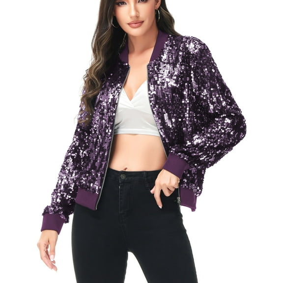 Fashion Womens Sequin Long Sleeve Front Zip Jacket with Ribbed Cuffs