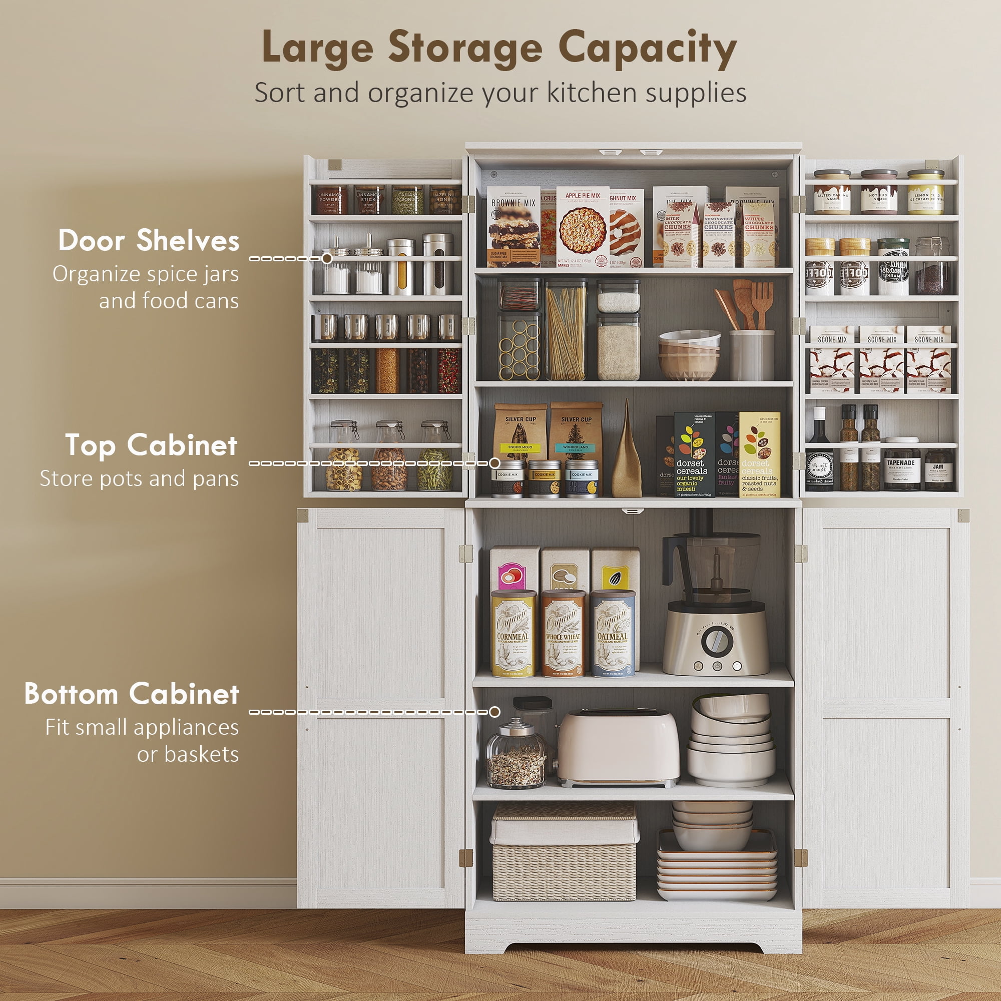 HOMCOM 72" Farmhouse Kitchen Pantry Cabinet, Tall Storage Cabinet with 4 Barn Doors, 4 Adjustable Shelves, 8 Door Shelves, Embossed White Wood Grain