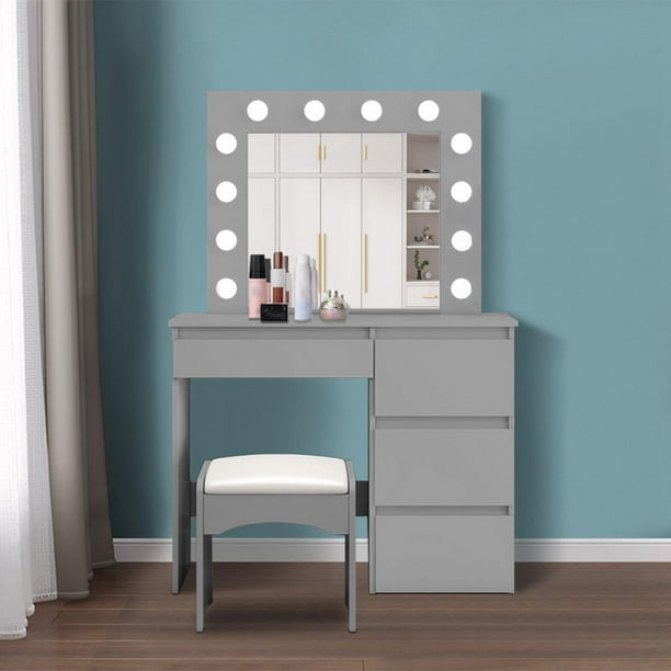Vanity Set With Lighted Mirror Makeup Lights And Table Dressing 12 Led 4 Drawers Dresser Desk White Not Including Stool Gray Com Vanity Set With Lighted Mirror Makeup, Vanity Mirror With Lights And Table Set Drawers