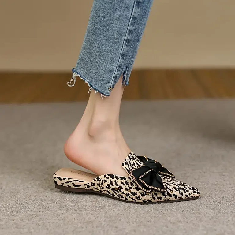 Women's Leopard Print Boe Tie Slippers, Pointed Closed Toe Flat Slides,  Women's Fashion Mules 