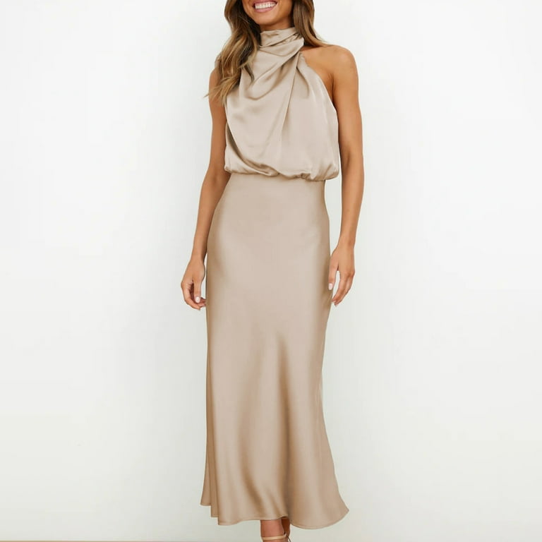 Aboser Silky Satin Evening Dresses for Women Elegant Classy Cocktail Dress Trendy Cold Shoulder Maxi Dresses Business Casual Party Dress Formal Prom