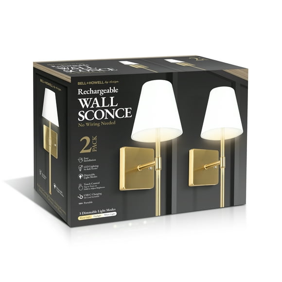 Bell + Howell by Design Rechargeable Wall Lamp Brass 2 Pack Fabric Shade Wall Sconce with Dimmable LED Light Modes
