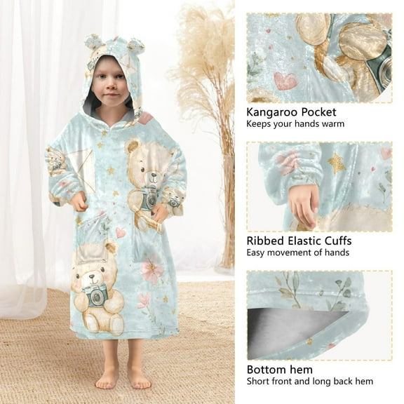YAZAOO Kids Wearable Blanket Hoodie Warm and Cozy Playful Bears with Hearts Flannel Sweatshirt