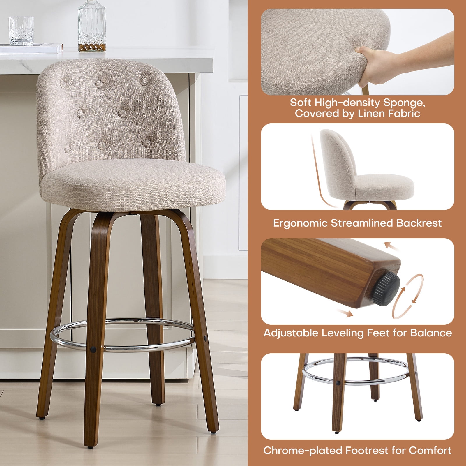 Foreate Swivel Bar Stools Set of 2, 29" Upholstered Linen Fabric with Button-tufted Mid-Back & Wood Legs, Modern Chair Kitchen Pub Island Counter Stool