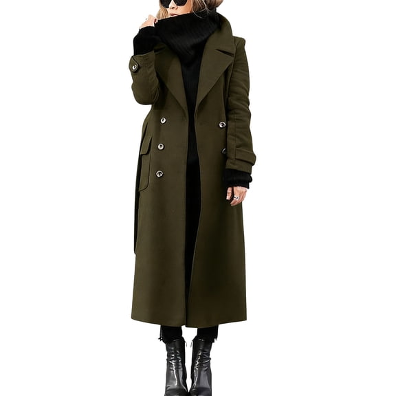 DAFPZW Women's Winter Double Breasted Wool Coat Business Casual Long Winter Pea Coat Trendy Outwear with Belt