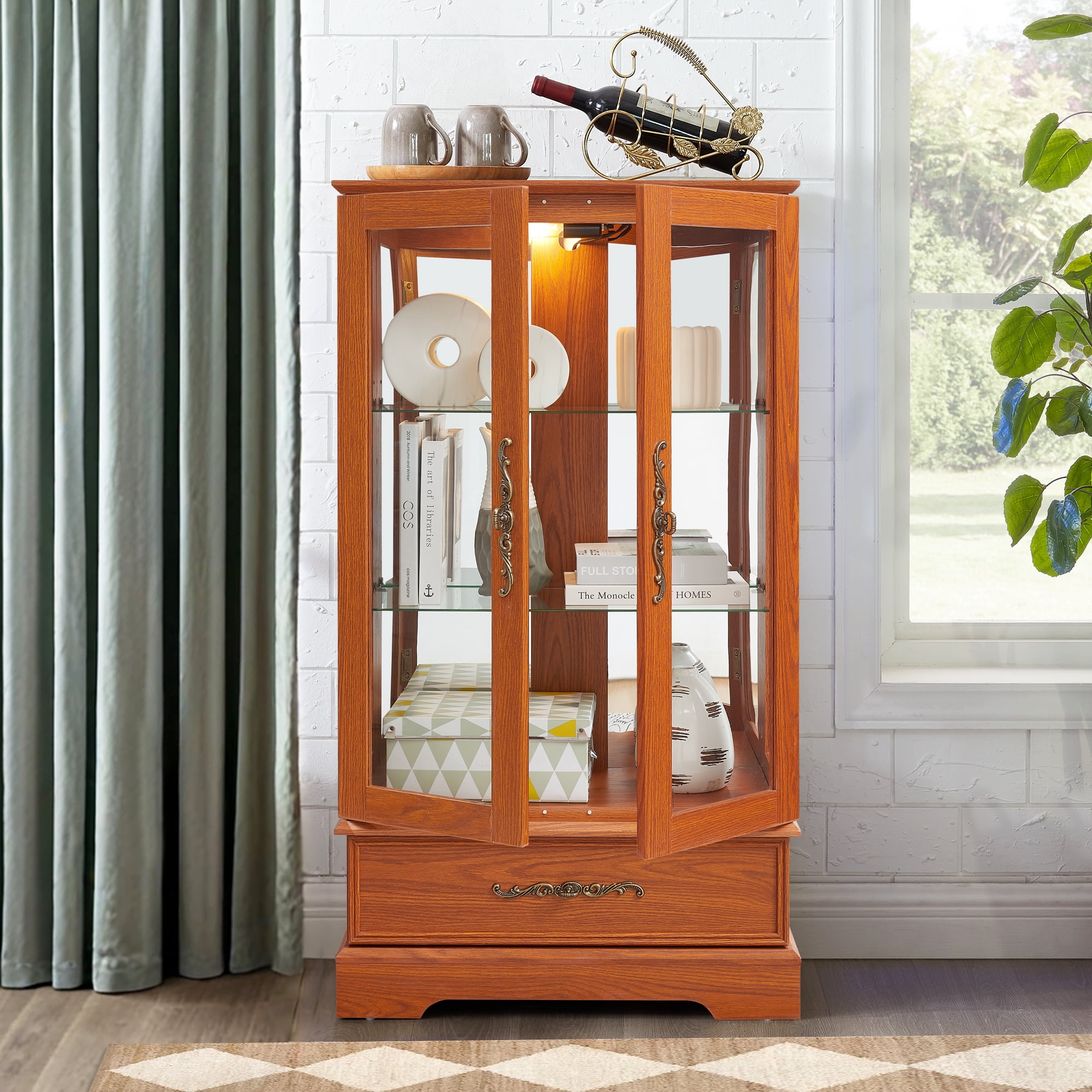 HIUU Glass Display Cabinet with Lights,Small Curio Cabinet with Glass Doors,China Cabinets,Lighted Curio Cabinets,Vitrinas Para Colecciones(Oak)
