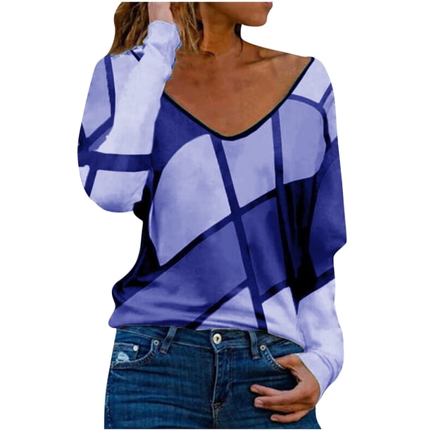 Camiseta holgada de manga larga con cuello en V geométrico a la moda para mujer Pompotops gfhjh22587