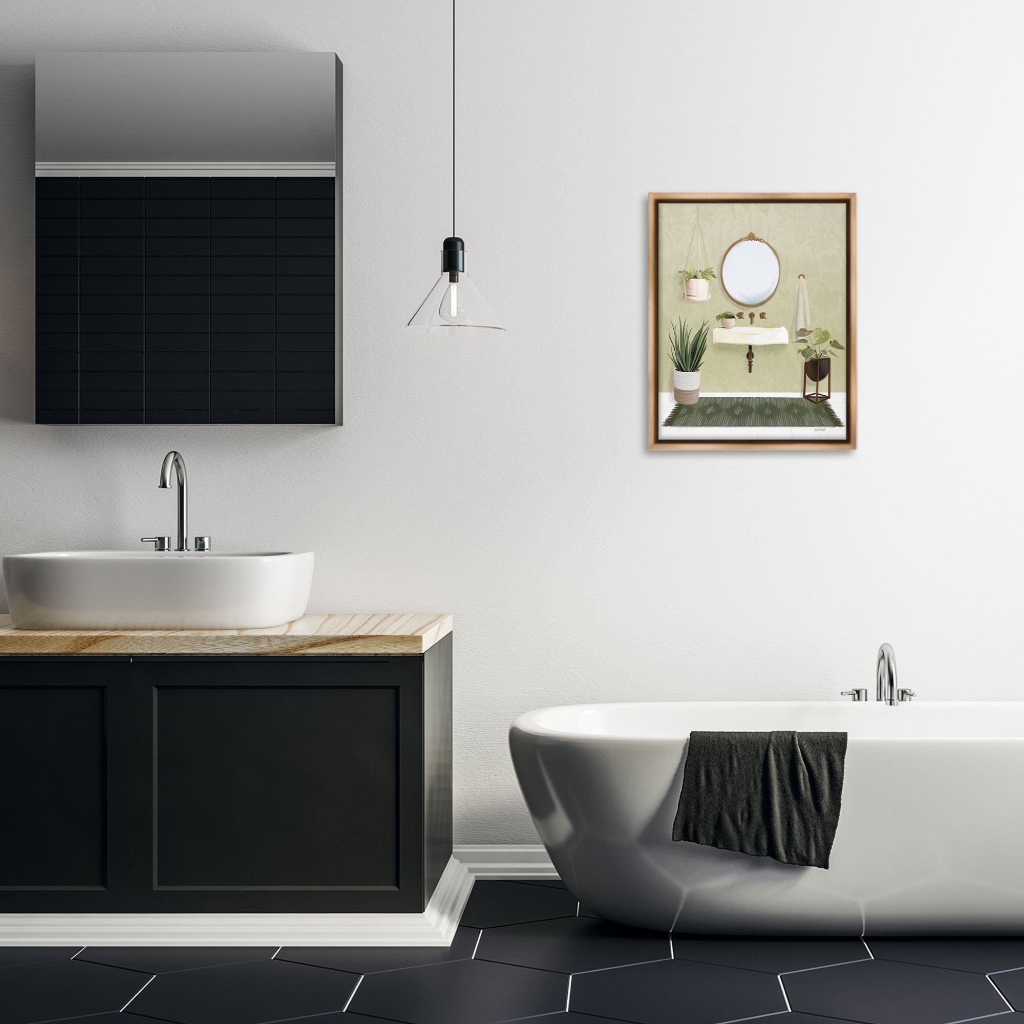 Stupell Industries Soothing Bathroom with Plants Bath & Laundry Painting Brown Floater Framed Canvas Art Print Wall Art, 17 x 21