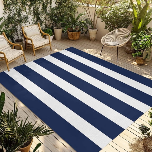 Navy Blue Stripe Outdoor Rug 3x5 Ft - Reversible Patio Rug Outdoor Camping Rugs, Modern Simple Geometric White Striped Washable Indoor Outdoor Area Rugs, Non-Slip Outdoor Carpet Runner for Deck/Porch
