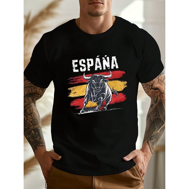 Men'S Spain Bull Flag Graphic T-Shirt - Black Casual Short Sleeve Tee with Bold Yellow & Red Design - Breathable & Comfortable Fabric - Perfect Gift for Sports Fans, Everyday Tshir