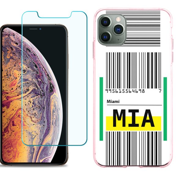 For Apple iPhone 11 Pro Max Case , Slim-Fit TPU Protective Phone Case (Pink Bezel) with Tempered Glass Screen Protector, by OneToughShield ® - Airport Tag / Miami