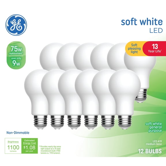 GE General Purpose, Frosted A19 LED Light Bulbs, 75 Watt Replacement, Soft White (12 Pack)
