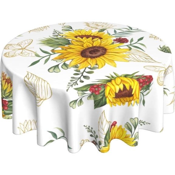 Odenmar 60 Inch Round Sunflower Tablecloth, Floral Polyester Table Cover, Yellow Green Washable Reusable Round Tablecloth for Dining Kitchen Indoor Outdoor Decor