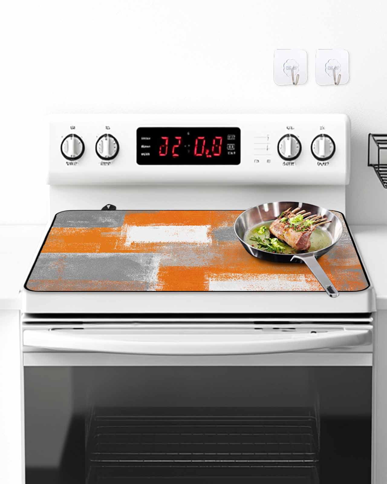 Stove Top Covers for Electric Stove, Orange Grey Glass Stovetop Cover Protector, Modern White Mottled Graffiti Art Painting Induction Cooktop Protector Oven Mat for Kitchen Countertop 24"x21"