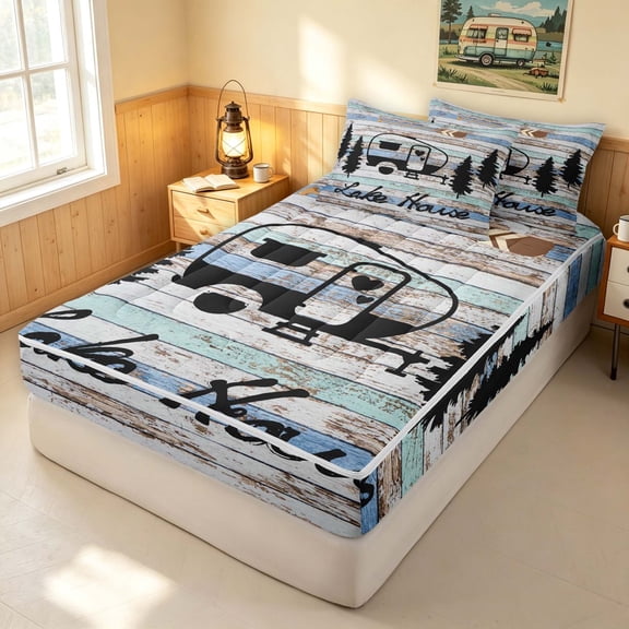 Erosebridal Retro Lake House Zipper Twin Comforter Sets with Fitted Sheet and 2 Pillowcases, Happy Camping Camper Zipper Bedding Set, Black Reversible