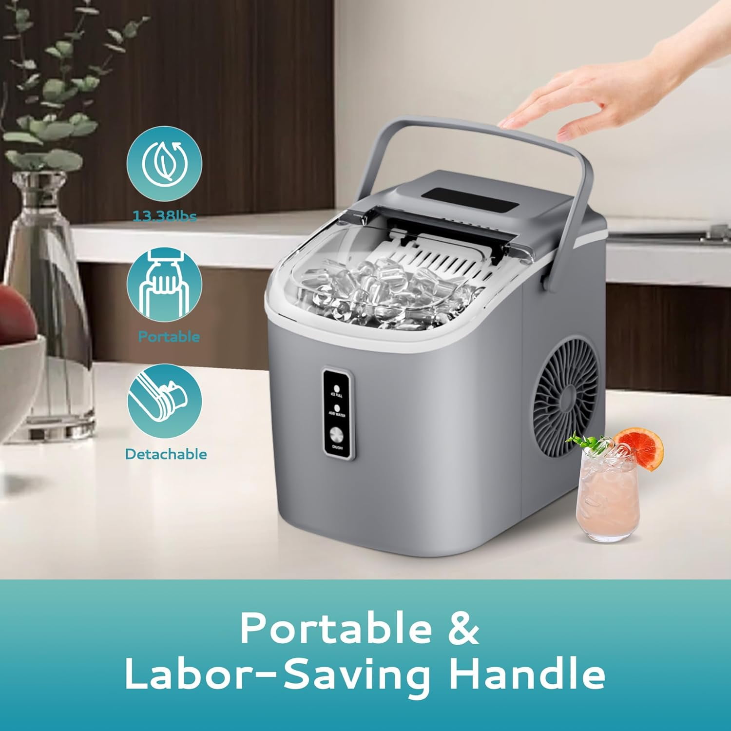 EUHOMY Countertop Ice Maker Machine with Handle, 26.5lbs Per Day, 9 Cubes in 6 Mins, Auto-Cleaning Portable Ice Maker with Basket and Scoop, for Home/Kitchen/Camping/RV (Grey)