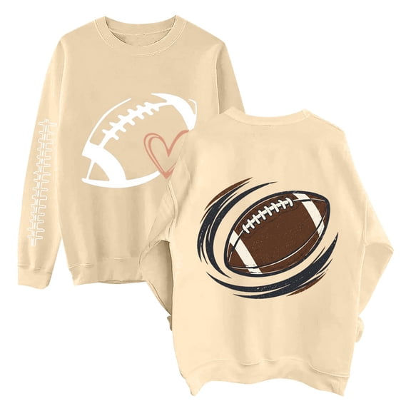 NMMUED Womens Fall Clothes Football Print Crewneck Long Sleeve Game Day Pullover Sweatshirt Tailgate Tops Graphic Sweatshirts Fans Beige L