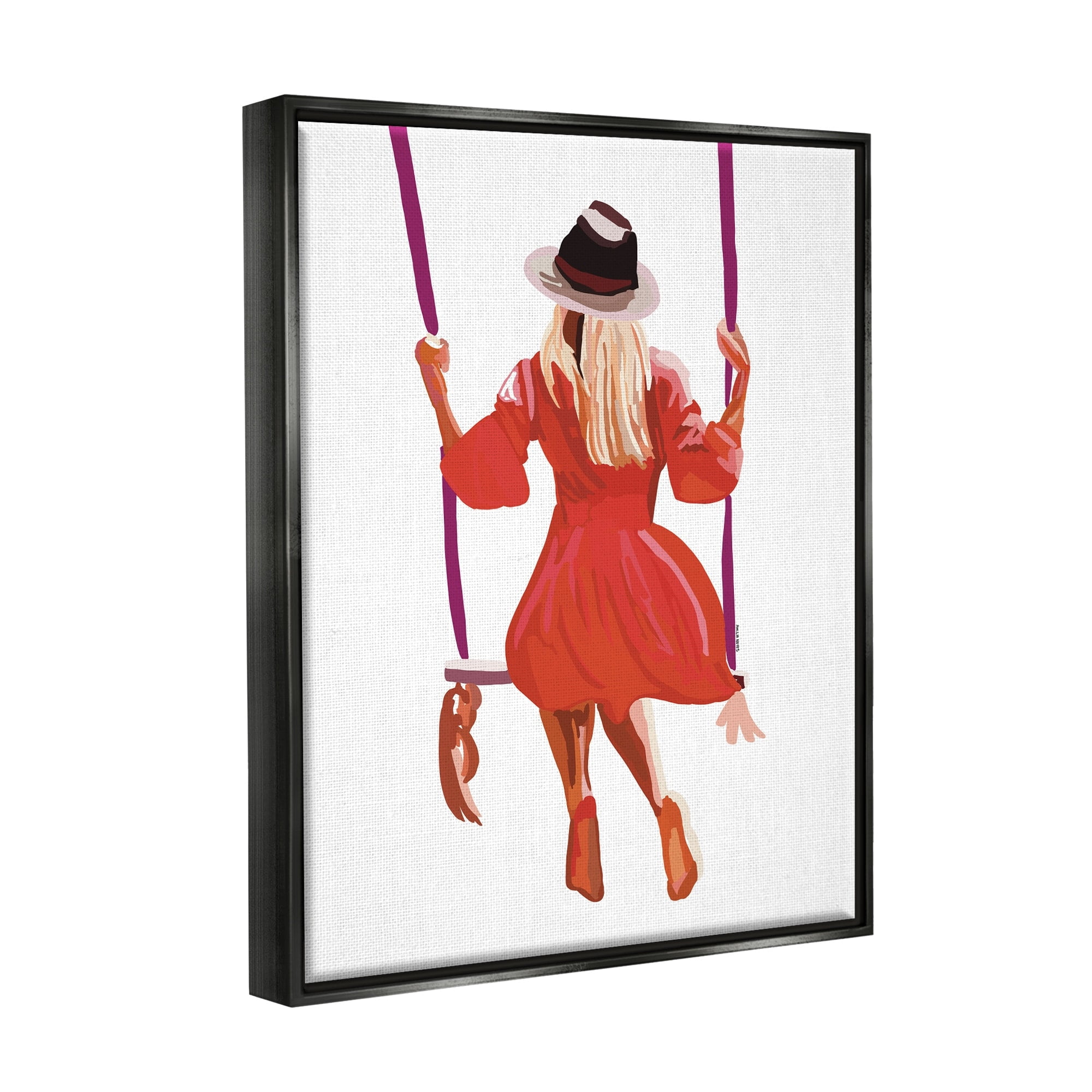 Stupell Industries Woman Wearing Red Dress Relaxing Park Swing Graphic Art Jet Black Floating Framed Canvas Print Wall Art, Design by Amelia Noyes