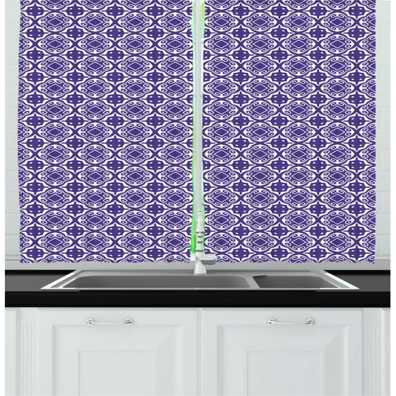 Ambesonne Vintage Kitchen Curtains, Geometric Motif, 55"x39", Blue Violet White