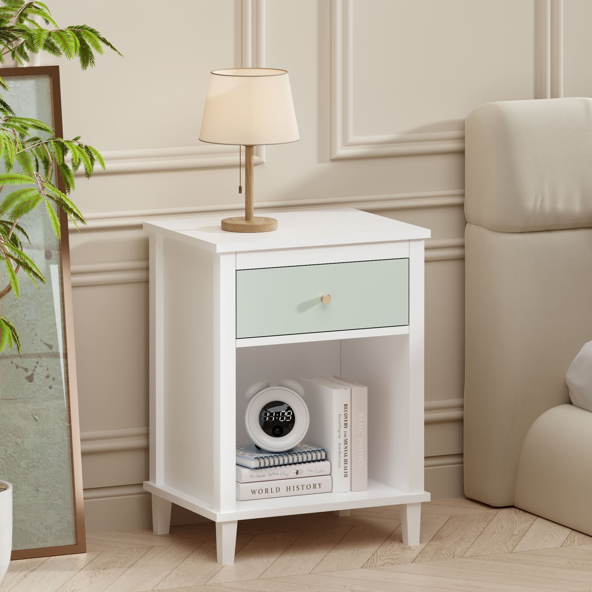 MAYEERTY 26.77" H Nightstand with Drawer & Open Shelf, Wooden Bedside End Side Table, for Kids Adults Bedroom Living Room Small Apartment Dorm