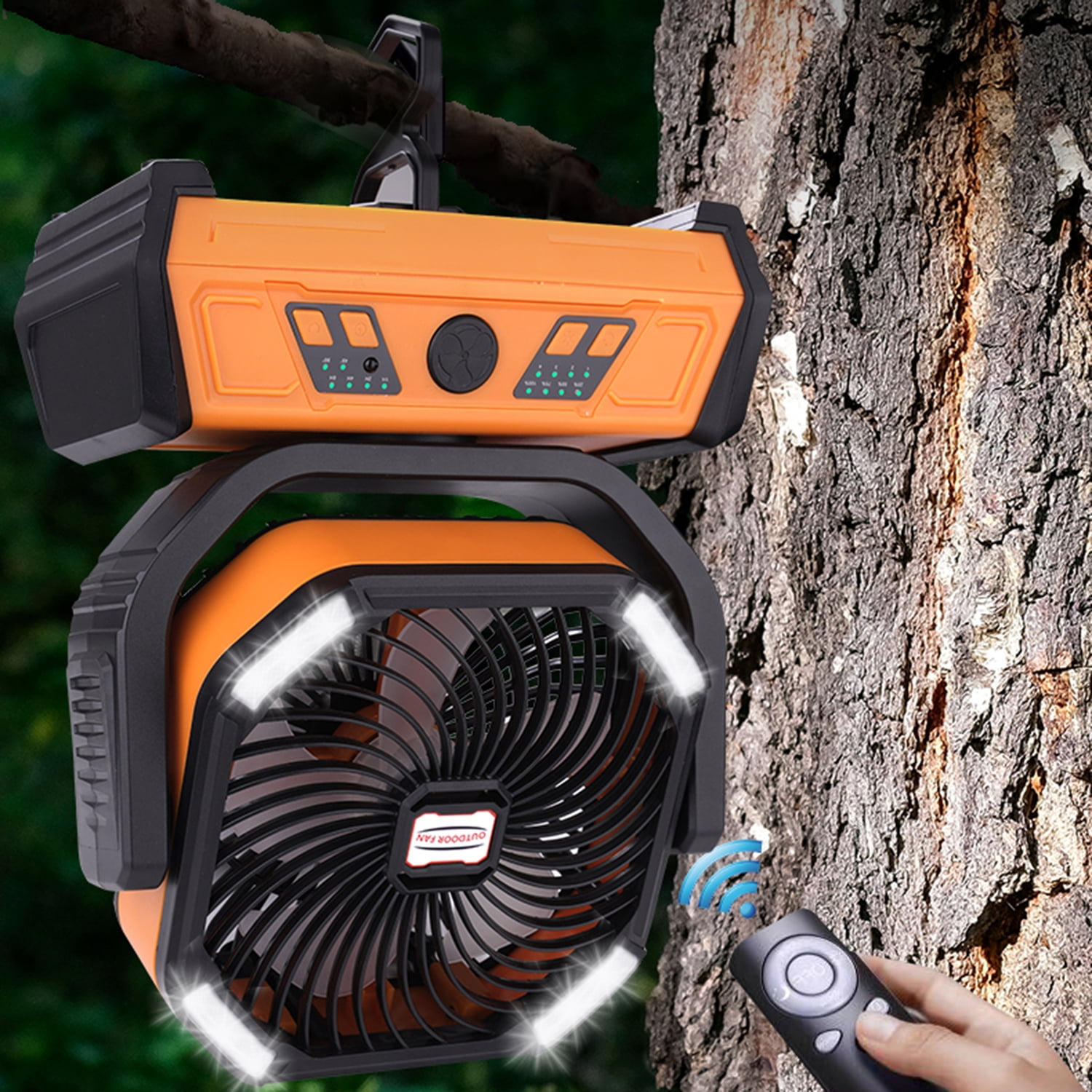 Fylivore Camping Fan, 20000mAh Portable Battery Operated Outdoor with LED Lights & Remote Control, Personal Usb Rechargeable Desk, Room , Orange