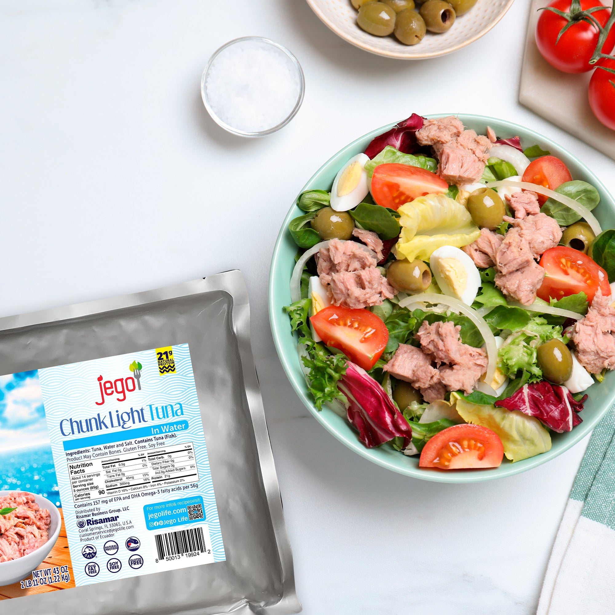 Jego Chunk Light Tuna in Water | Wild Natural Catch Tuna | Keto | Low Carb | Gluten Free | Soy Free | Ready to eat | 43oz Pouch