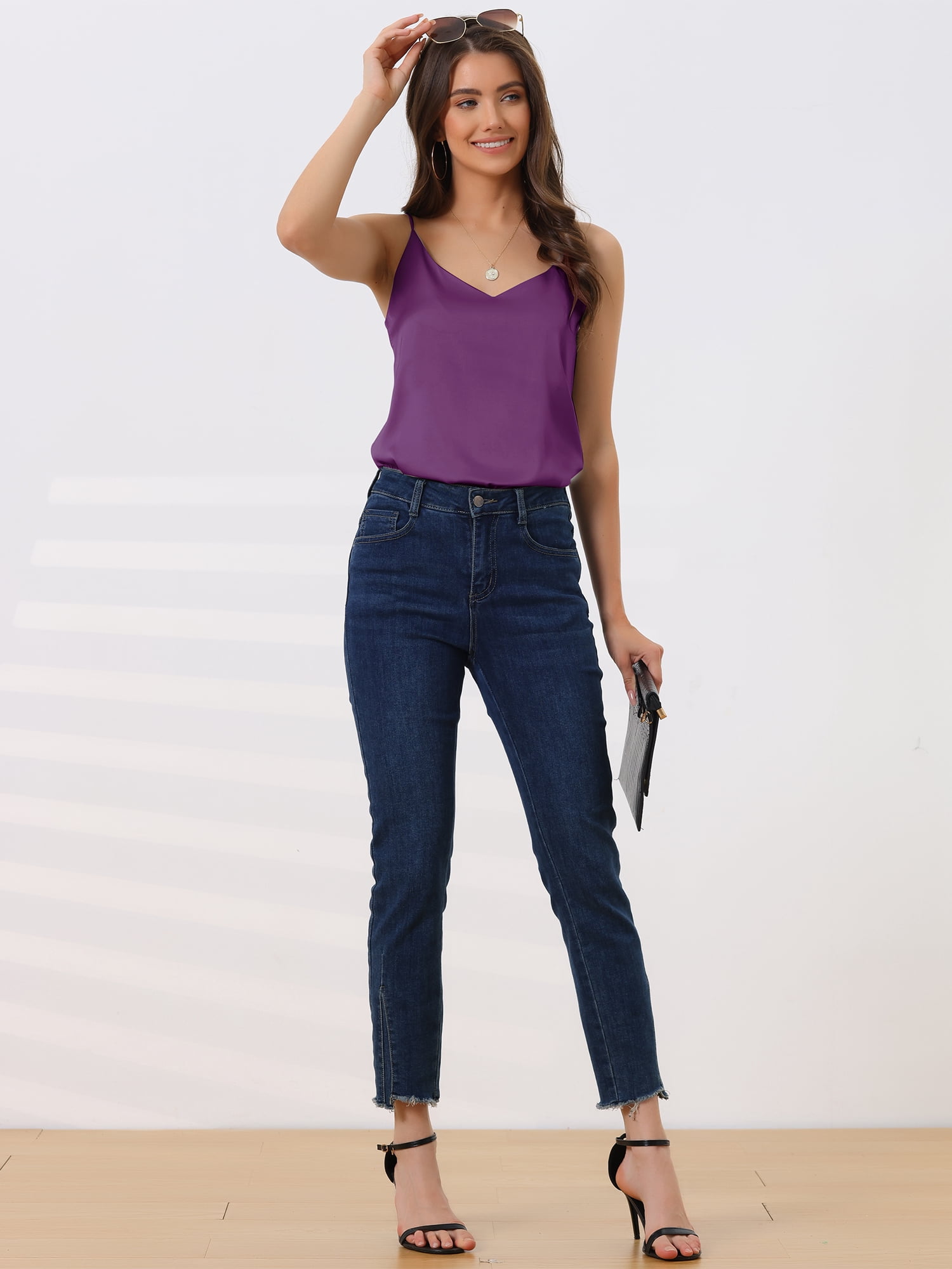 DARING DIVA Satin Cami Silky Strap Top Lounge Pajama Camisole L Purple
