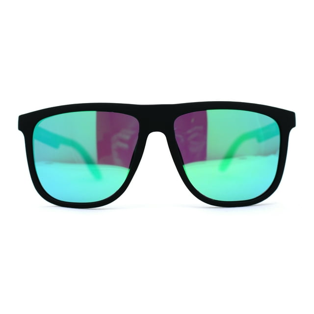 Polarized Hipster Flat Top Horn Rim Light Weight Slick Sunglasses Matte Black Green Mirror