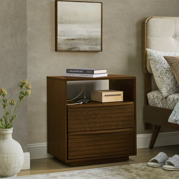 Noble House Mid-Century Modern Nightstand with Charging Station, Wooden Drawers, Louver Design End Table, Walnut