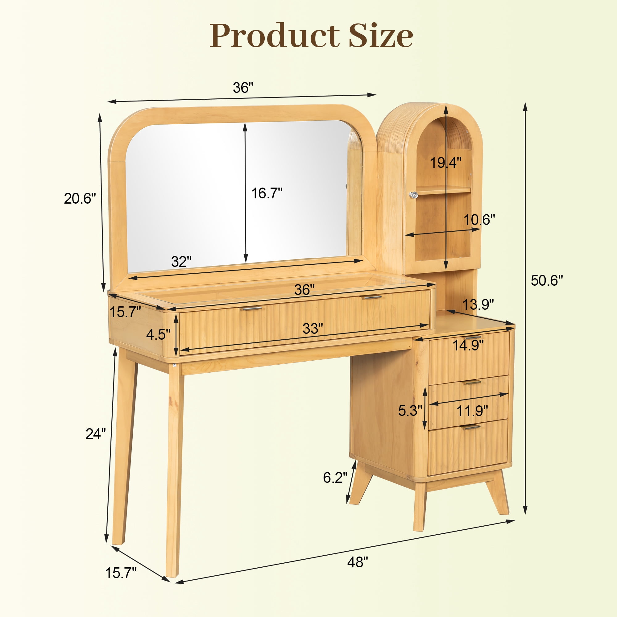 Euroco Fluted Makeup Vanity Desk with Mirror, Modren Vanity Table Set with Glass Top, 4 Drawers,Charging Station & Storage Cabinet,Dressing Table for Women and Girls, Bedroom,Natural