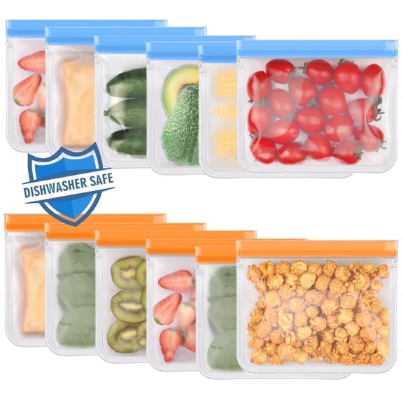 Lerine 12 Pack Dishwasher Safe Reusable Sandwich Bags, Leakproof Double Zipper, Freezer Bags,Orange&Blue